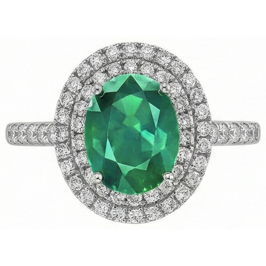 4.35 Carats Green Emerald With Natural Earth Mined DIAMOND ( NOT LAB GROWN )s Ring Double Halo 14K White Gold