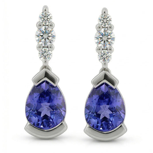 4.60 Ct Pear And Round Cut Ceylon Sapphire With Natural Earth Mined Diamonds Earrings