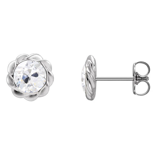 4 Carats Diamond Stud Earrings Bezel Set Real Old Cut Jewelry Twisted Style