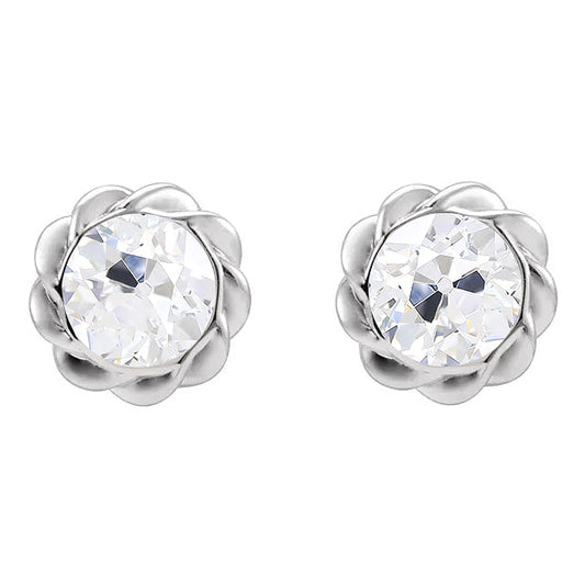 4 Carats Diamond Stud Earrings Bezel Set Real Old Cut Jewelry Twisted Style