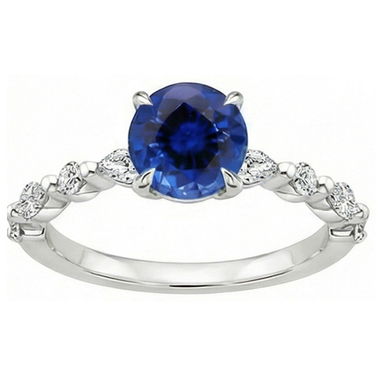 4 Carats Engagement Ring Round Ceylon Sapphire & Natural Earth Mined Diamond Marquise Gold