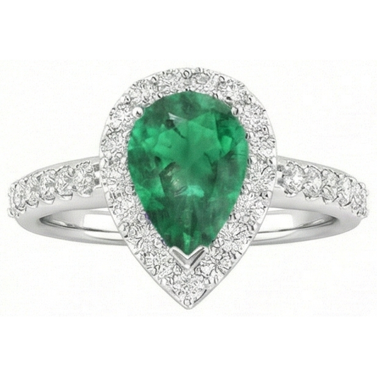 4 Carats Pear Green Emerald & Round Natural Earth Mined Diamond Gemstone Ring White Gold 14K