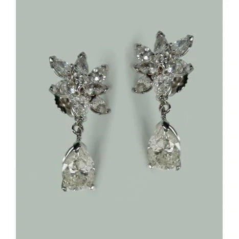 4 Carats Pear Shape Marquise Natural Diamond Dangle Hanging Earrings
