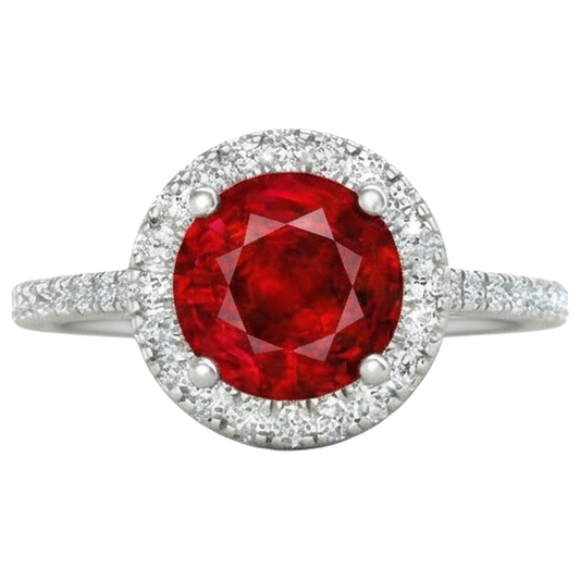 4 Carats Prong Set Ruby With Natural Earth Mined Diamonds Ring 14K White Gold