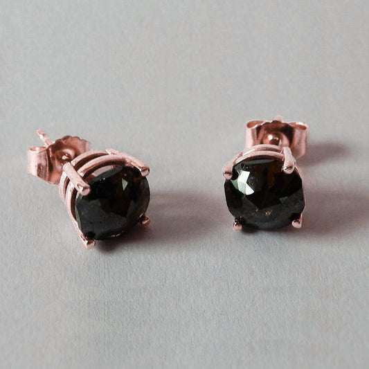 4 Carats Stud Earrings Cushion Cut Natural Black Diamond Rose Gold 14K Finish