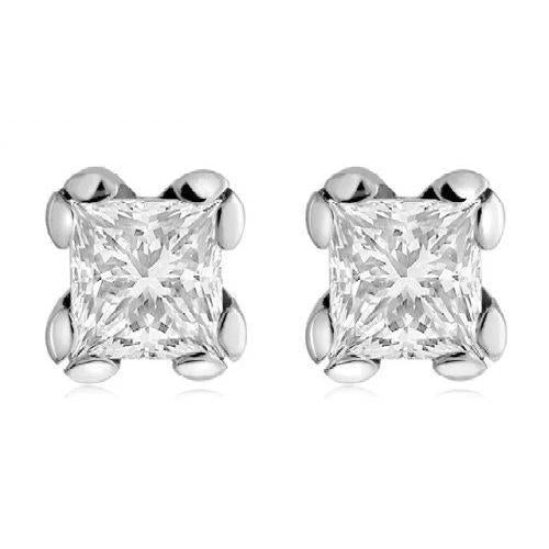 4 Ct Big Princess Cut Solitaire Real Diamond Stud Earring 14K White Gold