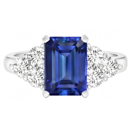 4 Ct Emerald Cut Ceylon Blue Sapphire And Round Natural Earth Mined DIAMOND ( NOT LAB GROWN ) Wedding Ring