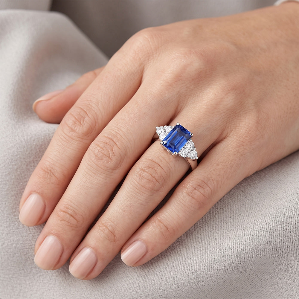 4 Ct Emerald Cut Ceylon Blue Sapphire And Round Natural Earth Mined DIAMOND ( NOT LAB GROWN ) Wedding Ring