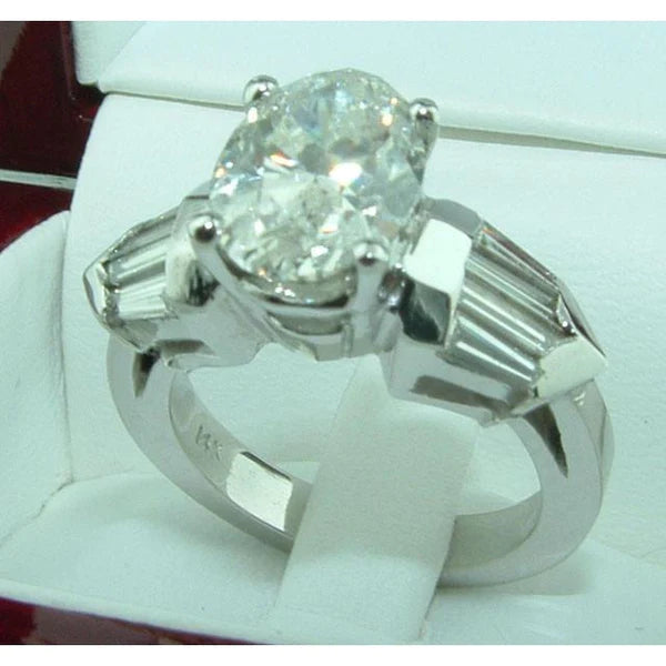 4 Ct. Oval & Baguette Real Diamond 3 Stone Engagement Ring White Gold
