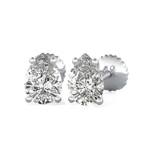 4 Prong Setting Pear Cut Genuine Diamond Stud Earring Solid White Gold 2 Ct.