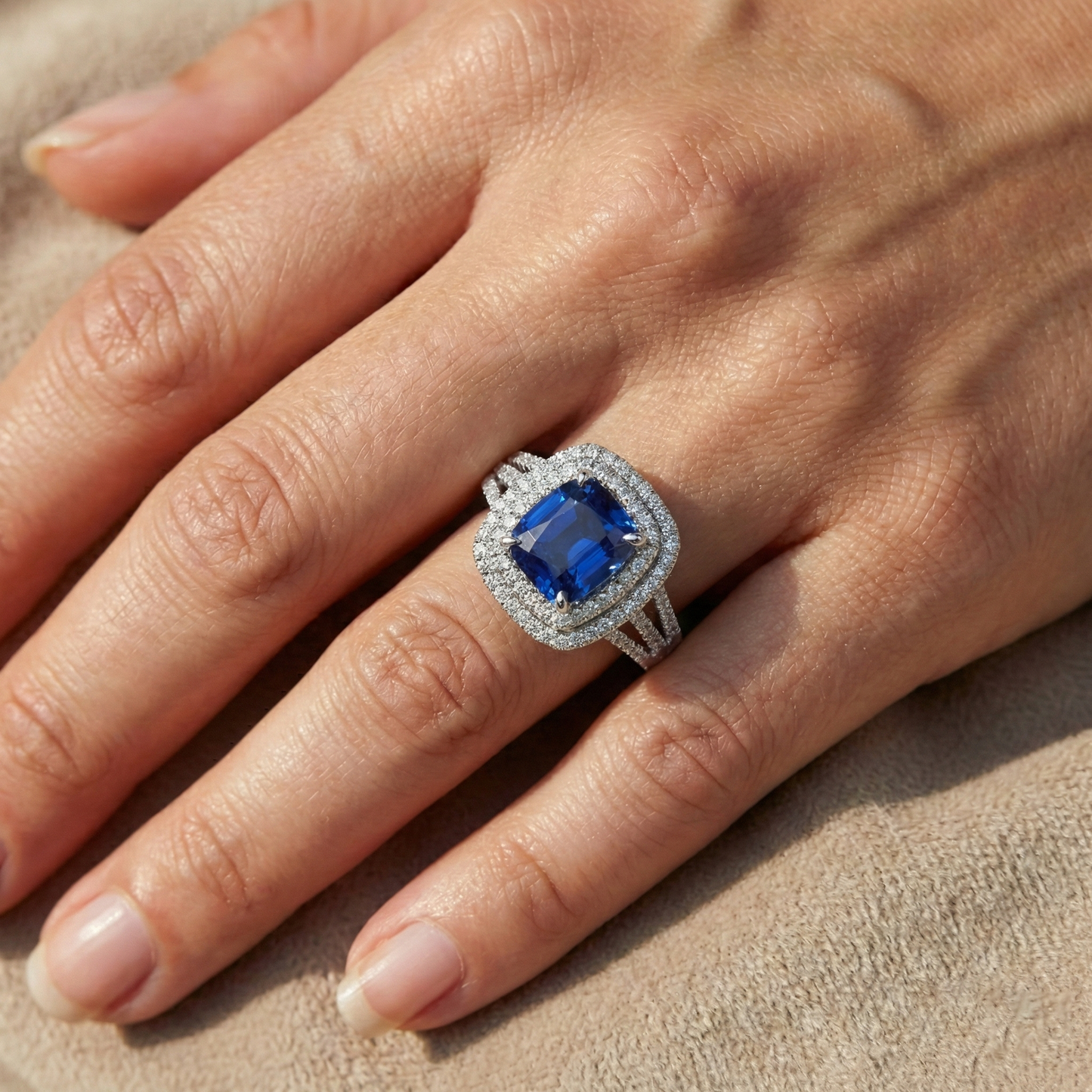 4.50 Ct Cushion Ceylon Blue Sapphire And Round Natural Earth Mined DIAMOND ( NOT LAB GROWN ) Engagement Ring