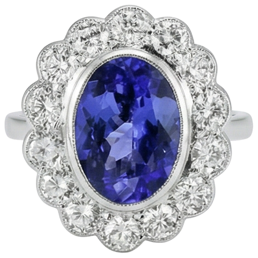 5.15 Ct Oval Bezel Set Tanzanite With Natural Earth Mined Diamonds Ring 14K White Gold