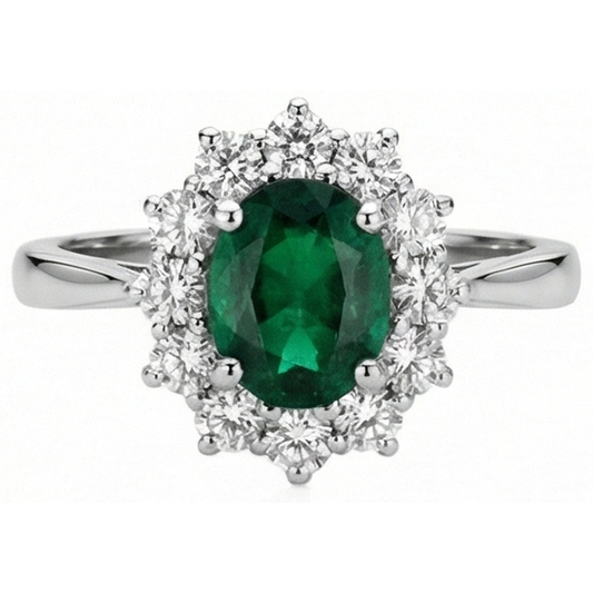 5.25 Carats Green Emerald And Natural Earth Mined Diamonds Engagement Ring White Gold 14K