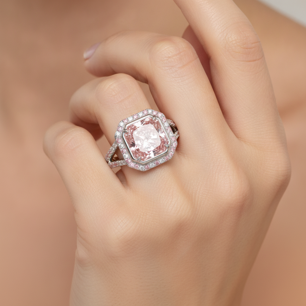 Pink Engagement Ring 5.5 Carat Lab Grown Radiant Diamond Halo Split Shank 14K White Gold