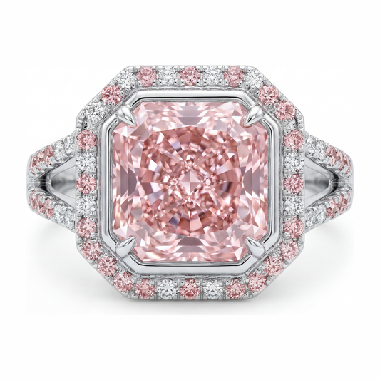 Pink Engagement Ring 5.5 Carat Lab Grown Radiant Diamond Halo Split Shank 14K White Gold