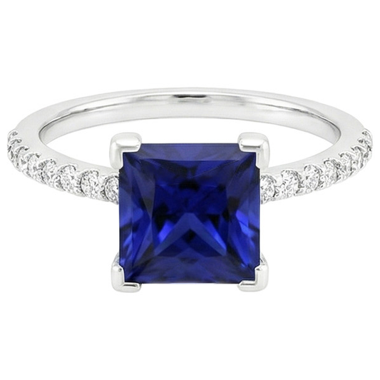 5.50 Carats Solitaire Princess Blue Sapphire With Accents Pave Setting