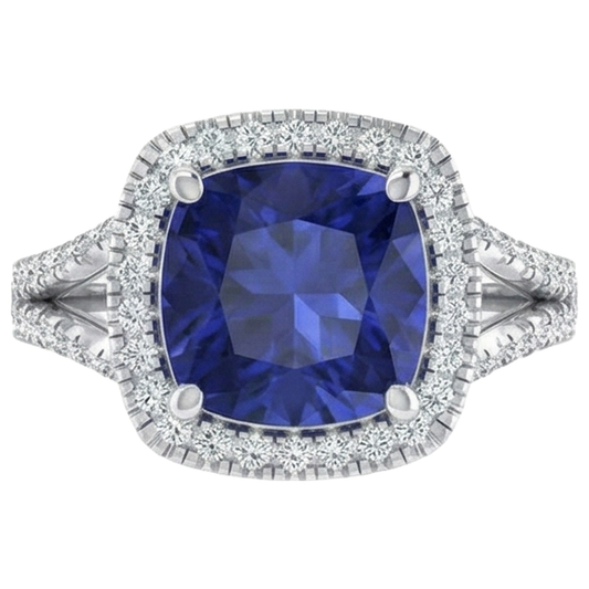 5.70 Ct Big Cushion Tanzanite & Round Natural Earth Mined Diamond Ring White Gold 14K