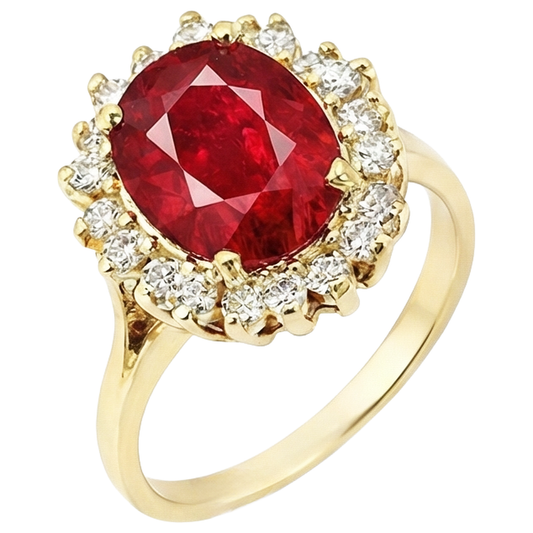 5.75 Carats Red Ruby And Natural Earth Mined Diamonds Ring Yellow Gold 14K