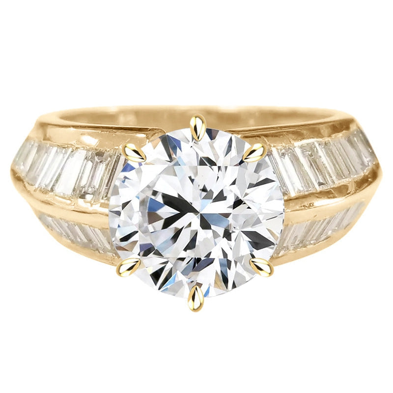 5 Carat Round Real Natural Earth Mined Diamond Women's Ring With Knife Edge Baguette Accents