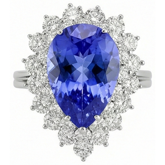 5 Carats Halo Pear Tanzanite & Natural Earth Mined Diamond Engagement Ring
