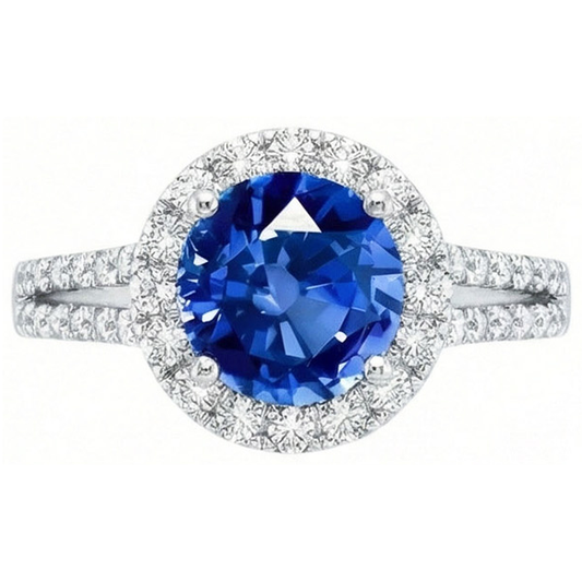 5 Ct Round Ceylon Sapphire With Natural Earth Mined DIAMOND ( NOT LAB GROWN )s Ring White Gold 14K