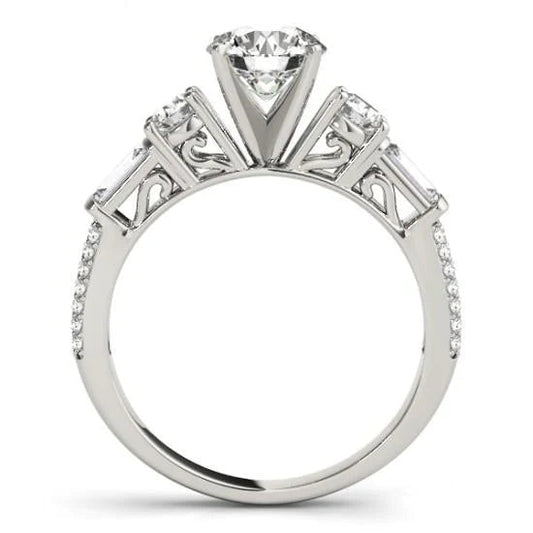 5 Stone Engagement Fancy Ring Round & Baguettes 3.0 Carat Real Diamond WG 14K