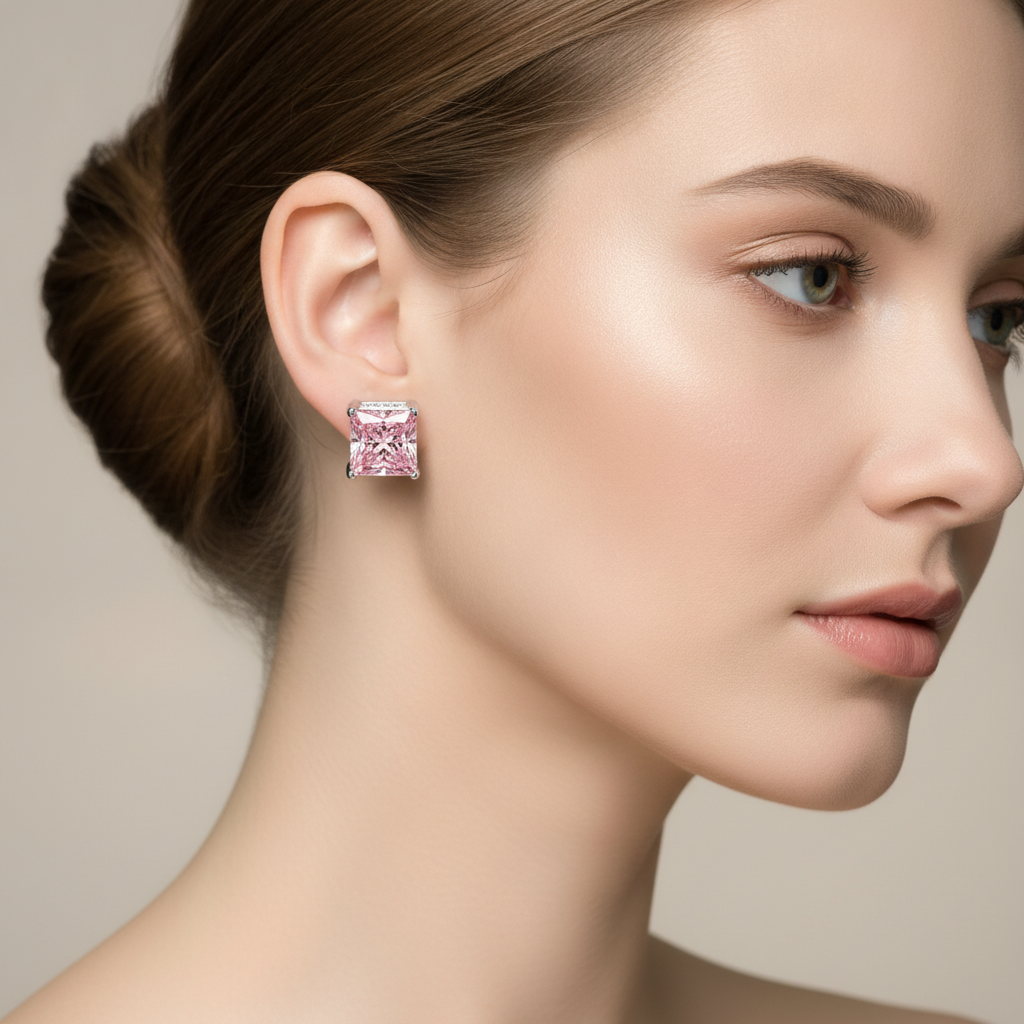 Pink Diamond Earrings 5 Carat Lab Grown Princess Solitaire 14K White Gold