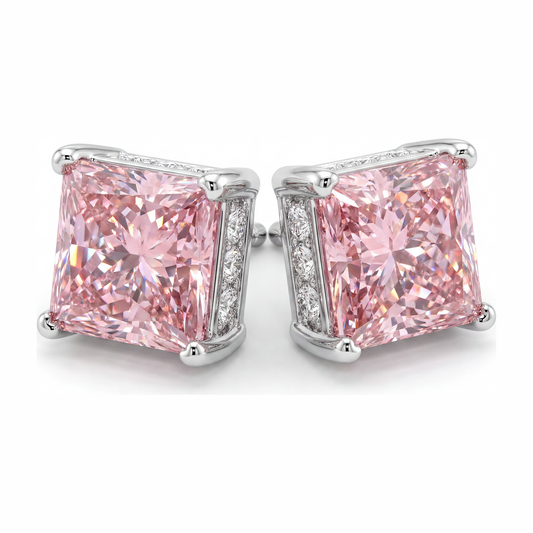 Pink Diamond Earrings 5 Carat Lab Grown Princess Solitaire 14K White Gold