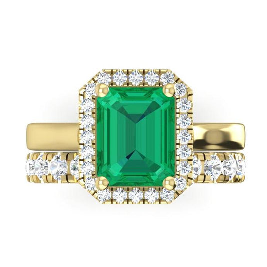 5 Ct Halo Green Emerald Ring Set