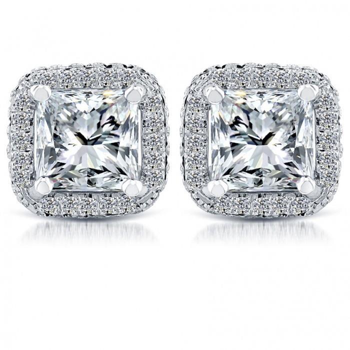 5.70 Carats Real Princess & Round Diamond Stud Earrings White Gold 14K