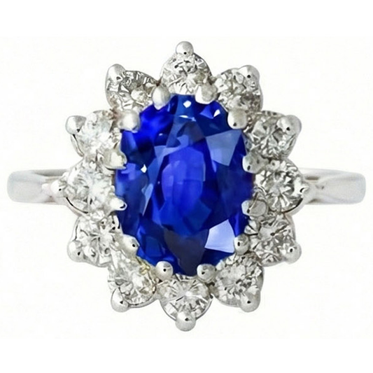 6.50 Carat Flower Sri Lankan Sapphire Ring Natural Earth Mined DIAMOND ( NOT LAB GROWN ) White Gold 14K