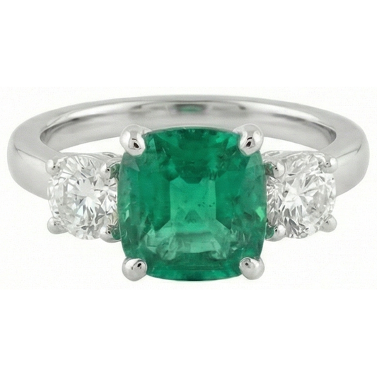 6.50 Carats Green Emerald & Natural Earth Mined Diamond 3 Stone Ring White Gold 14K
