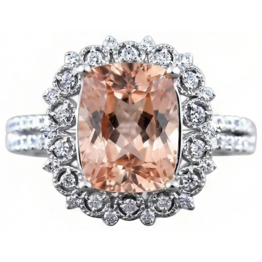 6.50 Ct Cushion Morganite And Natural Earth Mined Diamonds Ring Gold 14K