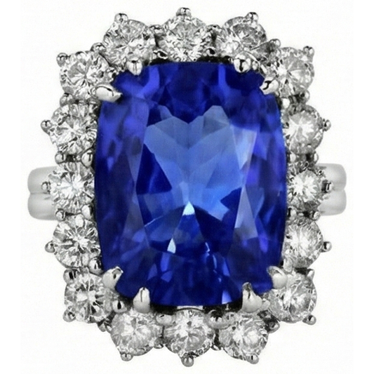 6.51 Ct Ring Sri Lanka Sapphire Cushion And Round Natural Earth Mined Diamonds
