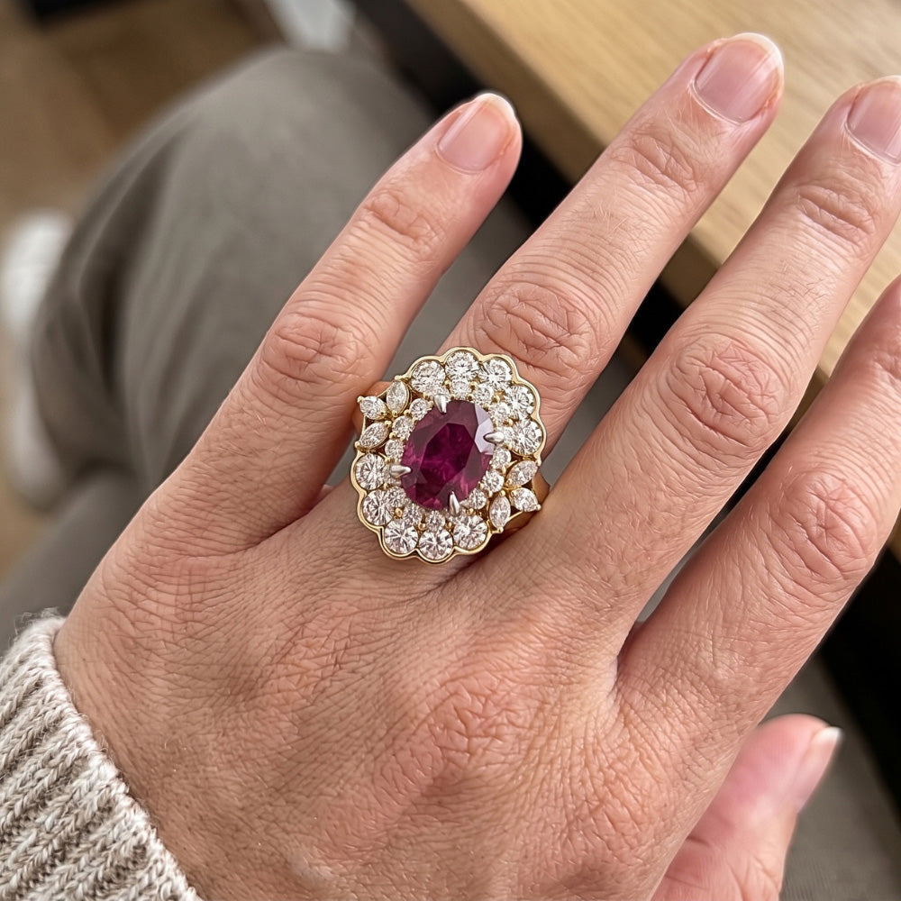 6 Carats Red Oval Cut Tourmaline And Natural Earth Mined Diamond Wedding Ring