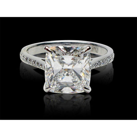 6 Carats Solitaire Cushion Real Diamond Wedding Ring With Accents