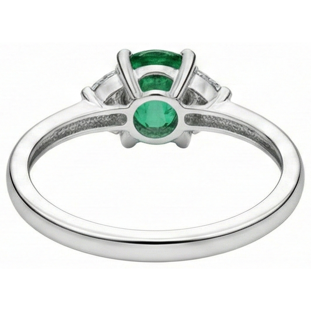6 Carats Three Stone Green Emerald And Natural Earth Mined Diamonds Ring 14K White Gold