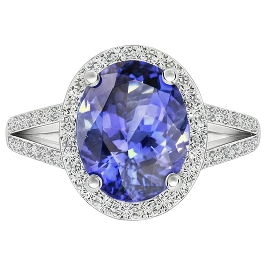 6 Ct Halo Tanzanite With Natural Earth Mined Diamonds Ring White Gold 14K