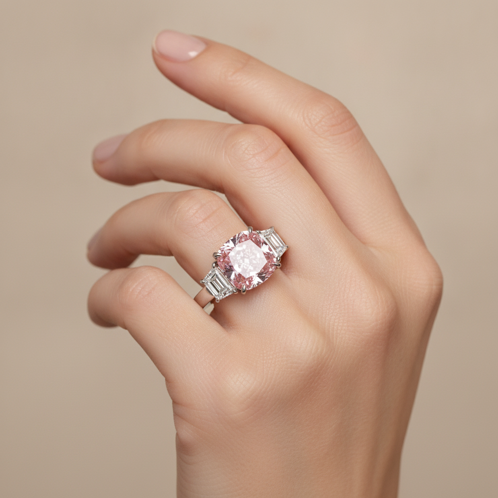 Pink Engagement Ring 6 Carat Lab Grown Cushion Diamond Three Stone 14K White Gold