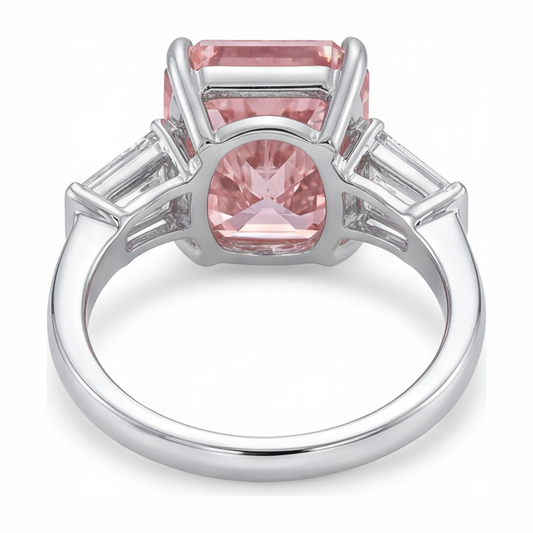 Pink Diamond Ring 6 Carat Lab Grown Radiant Three Stone Cathedral 14K White Gold