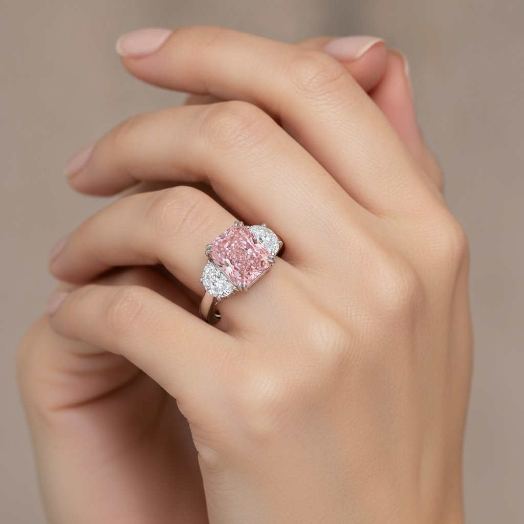 Pink Diamond Ring 6 Carat Lab Grown Radiant Three Stone Plain 14K White Gold