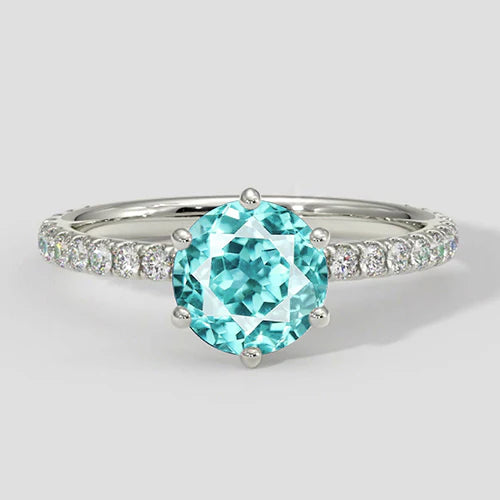 6 Prong Round Paraiba Ring with Diamond Accents