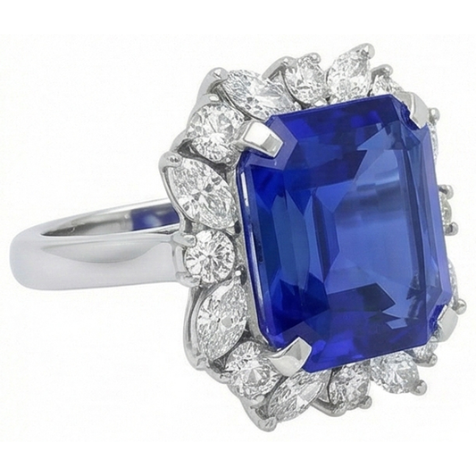 7 Carat Blue Asscher Sapphire Natural Earth Mined Diamond Ring