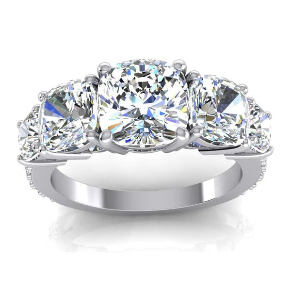 7 Carats Cushion Real Diamond Gold Engagement Ring With Accents
