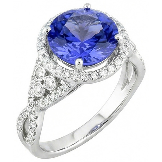 8.01 Cts. Round Ceylon Sapphire And Natural Earth Mined Diamonds Ring White Gold 14K