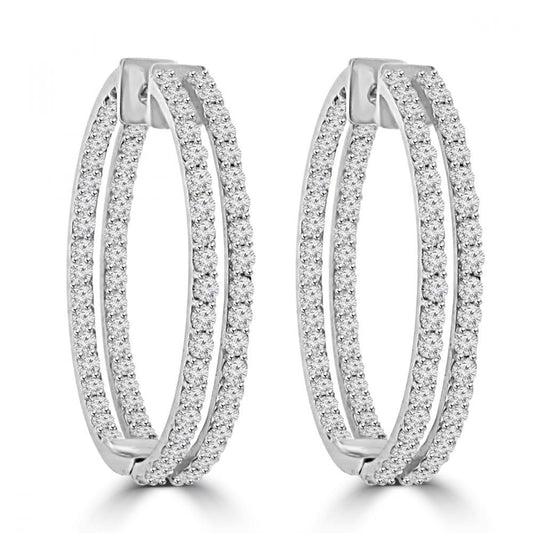 8 Carats Double Row Real Diamonds Women Hoop Earrings White Gold 14K