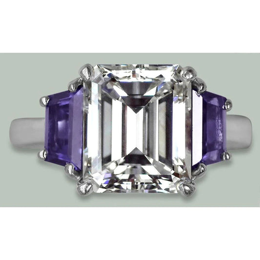 8 Cts Emerald Natural Diamond & Trapezoid Ceylon Sapphire 3 Stone Ring Gold