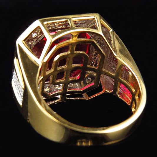 8.75 Ct Red Asscher Cut Men's Ruby Ring With Natural Earth Mined Diamonds Gold Jewellery