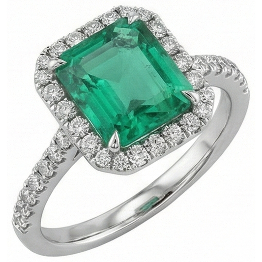 9.65 Ct Big Green Emerald And Small Natural Earth Mined Diamonds Wedding Ring White Gold