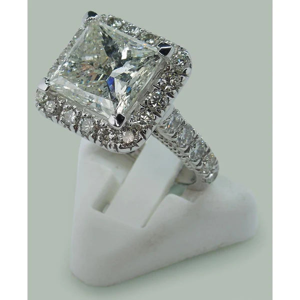 9 Carats Huge Princess Real Diamond Ring With Accents White Gold 14K